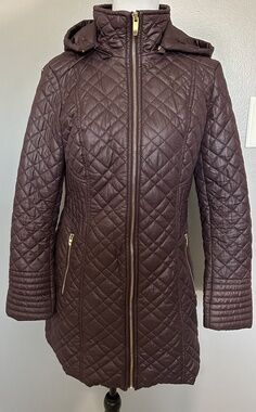 Via Spiga Zig-Zag Quilted Puffer Jacket Burgundy Full Zip Coat Zipper Pockets S